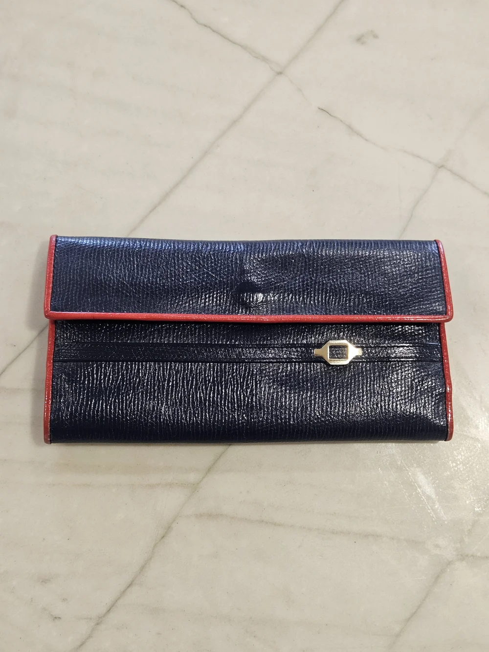Vintage 1970s St. Thomas Genuine Leather Flap Wallet | Dark Navy & Red Piping